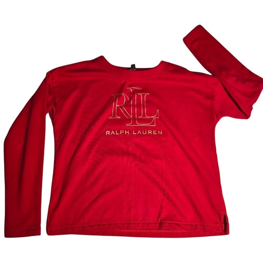 Lauren Ralph Lauren Red Gold Logo LongSleeve Sweatshirt Womens S French Terry956
